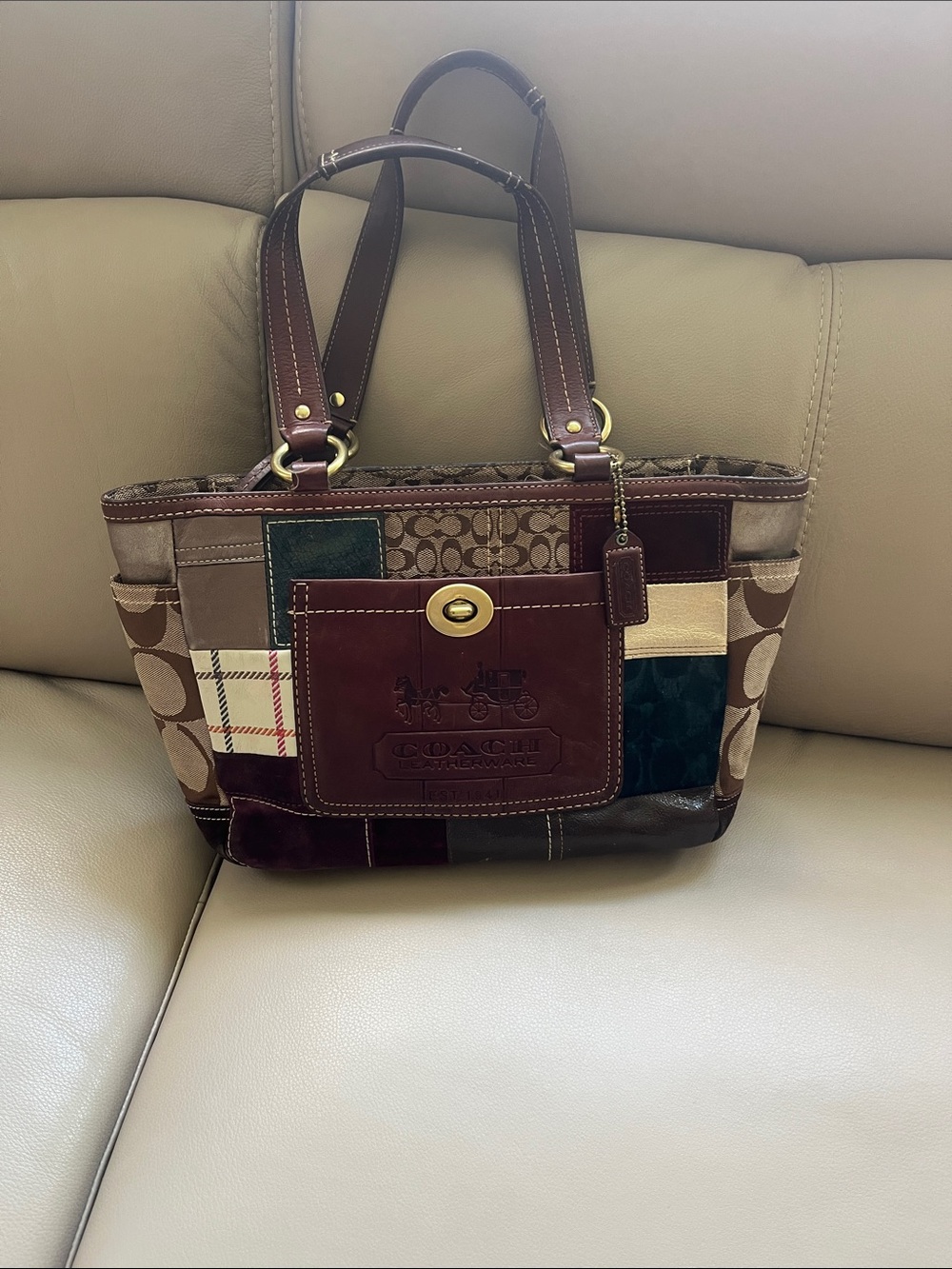 Coach Holiday Patchwork Tote in Brown Multi-Color
